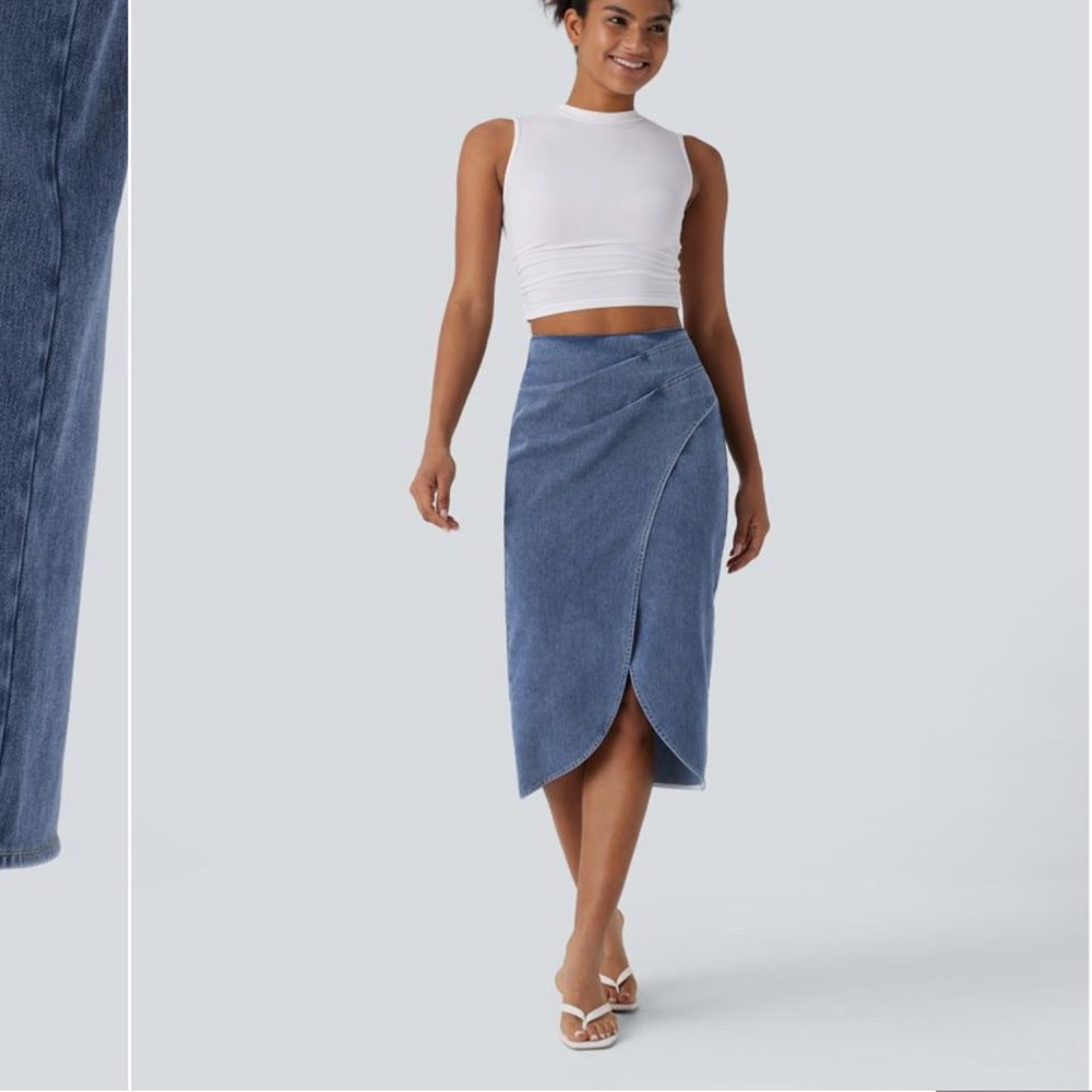Halara Blue Denim midi Skirt size medium BNWT
